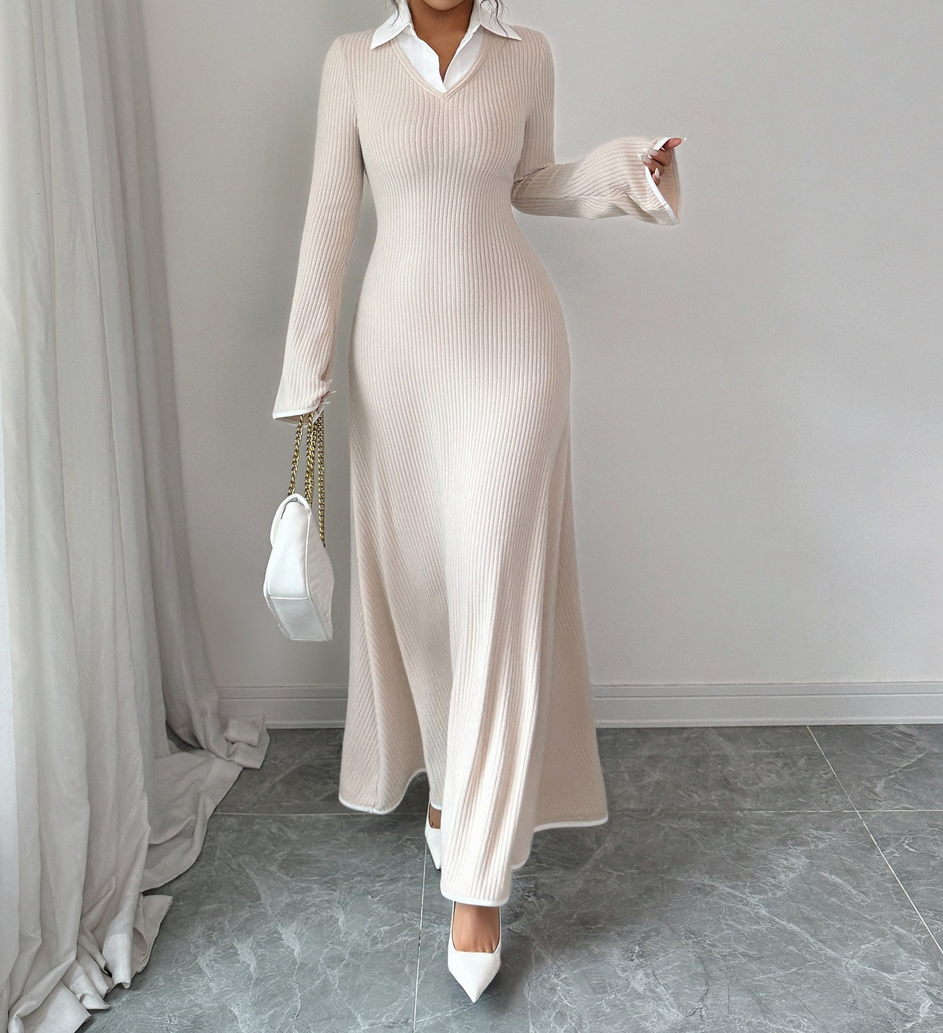 Fake Two - Piece Shirt Collar Knitted Dress - Slim - Fit Flared - Sleeve Long Knitted Dress, Elegant Style
