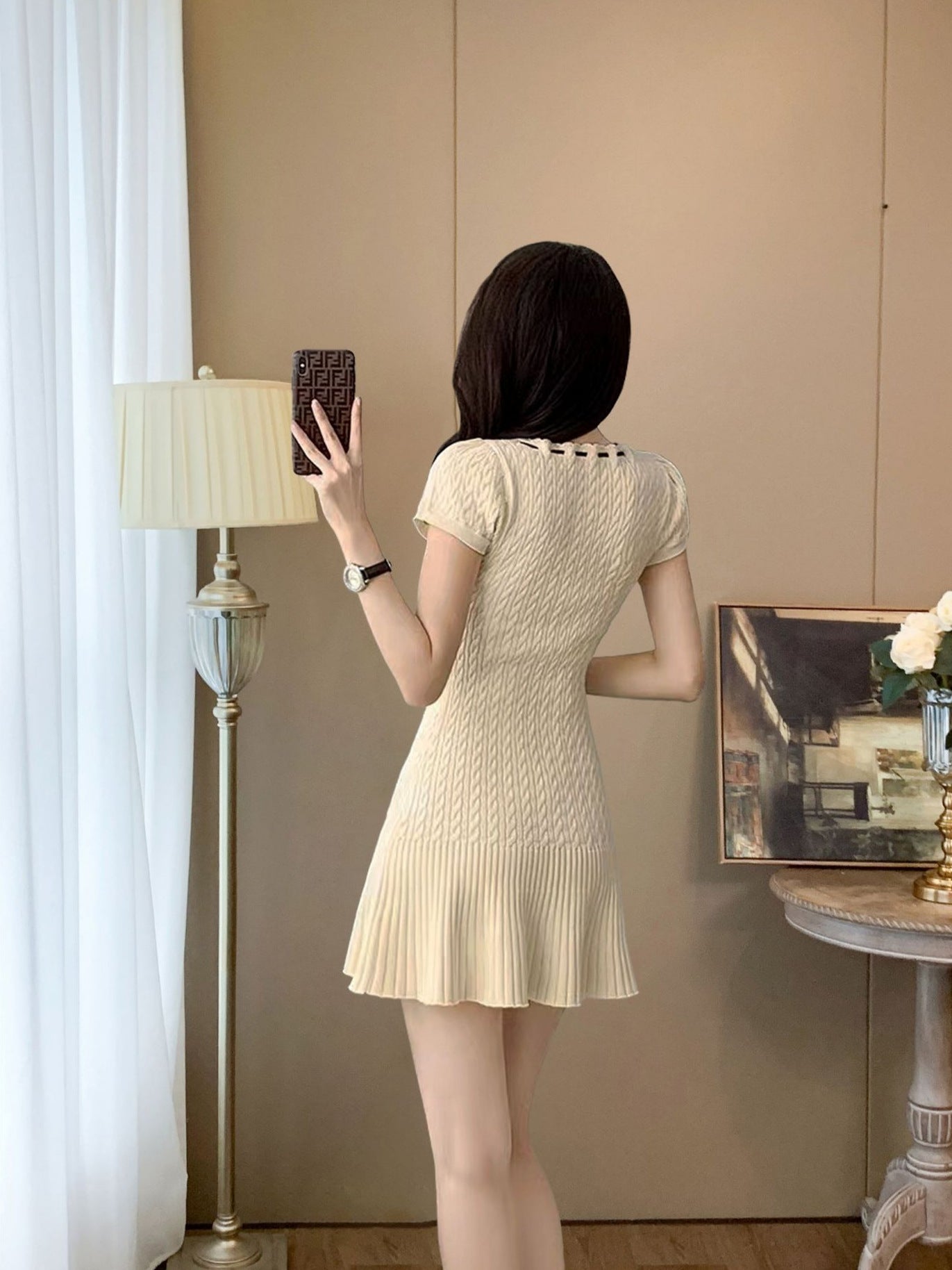 Square Neck Tie - Up Knitted Dress - Short - Sleeve Cable - Knit Waist - Cinching Flared Skirt, French Sweet & Chic Style