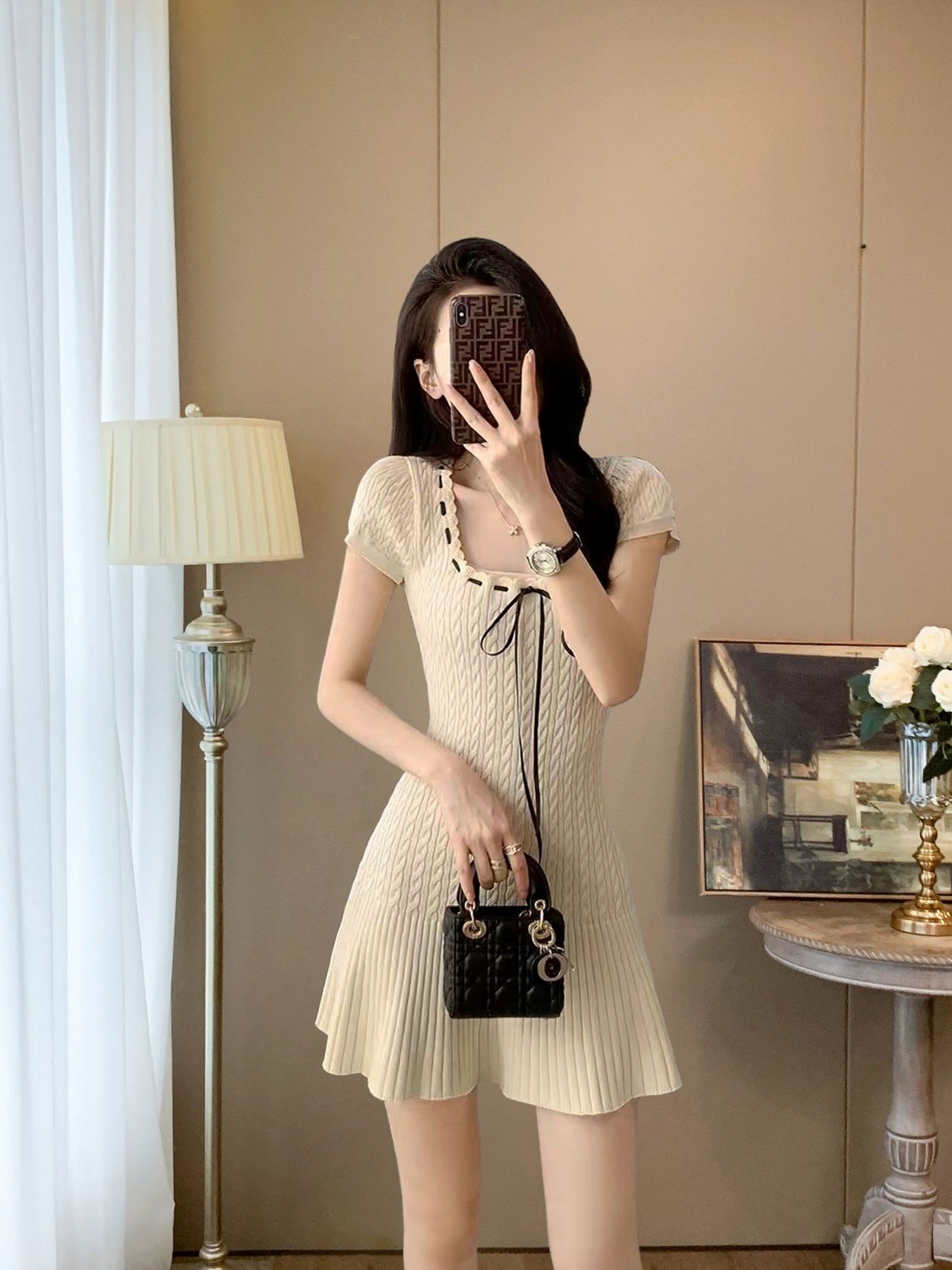 Square Neck Tie - Up Knitted Dress - Short - Sleeve Cable - Knit Waist - Cinching Flared Skirt, French Sweet & Chic Style