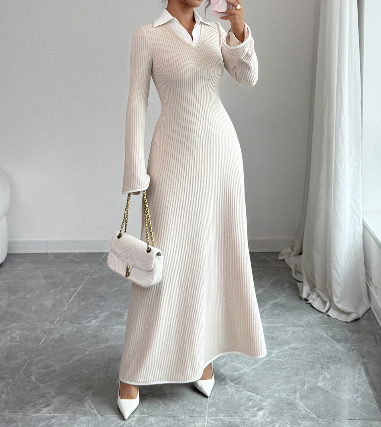 Fake Two - Piece Shirt Collar Knitted Dress - Slim - Fit Flared - Sleeve Long Knitted Dress, Elegant Style