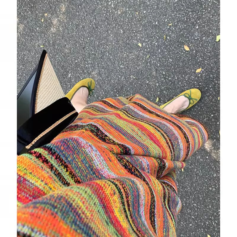 Colorful Striped V - Neck Knitted Slip Dress - Slim Fit Long Maxi Dress, Retro Fashion Rainbow Skirt