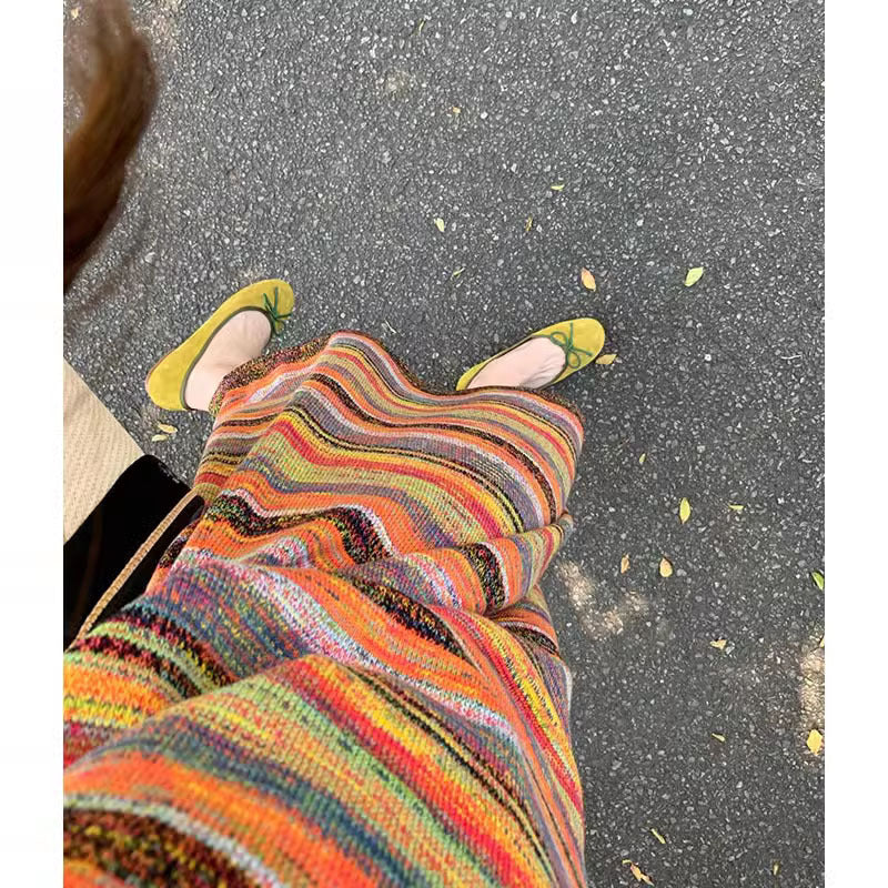 Colorful Striped V - Neck Knitted Slip Dress - Slim Fit Long Maxi Dress, Retro Fashion Rainbow Skirt