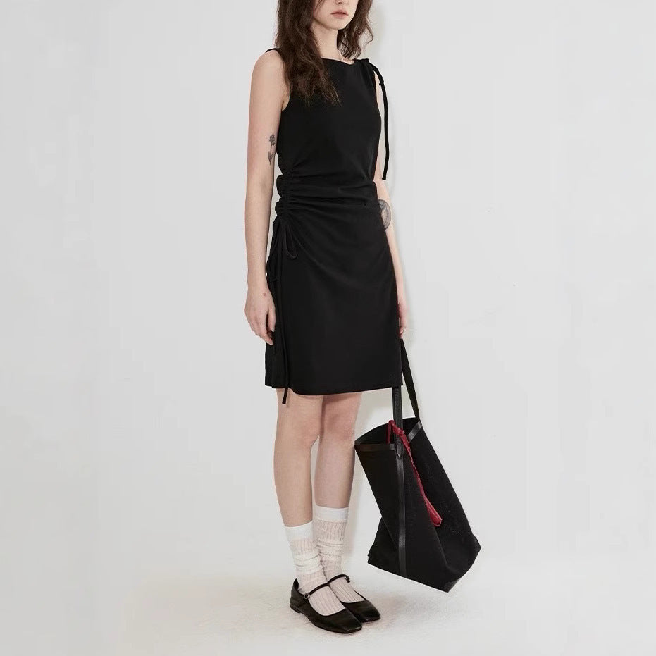 Sleeveless Drawstring - Design Knitted Dress - Minimalist Solid - Color Slim Midi Dress, Fashionable & Unique Style