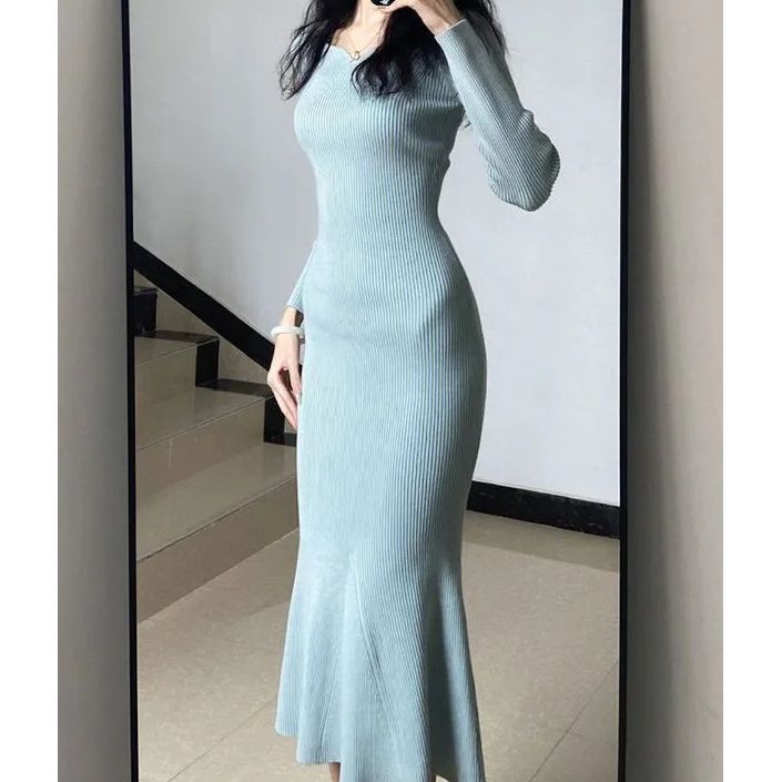 Light Blue Heart - Shaped Neckline Mermaid Knitted Dress - Slim - Fit Long - Sleeve Elegant Maxi Skirt, Highlighting Body Curves