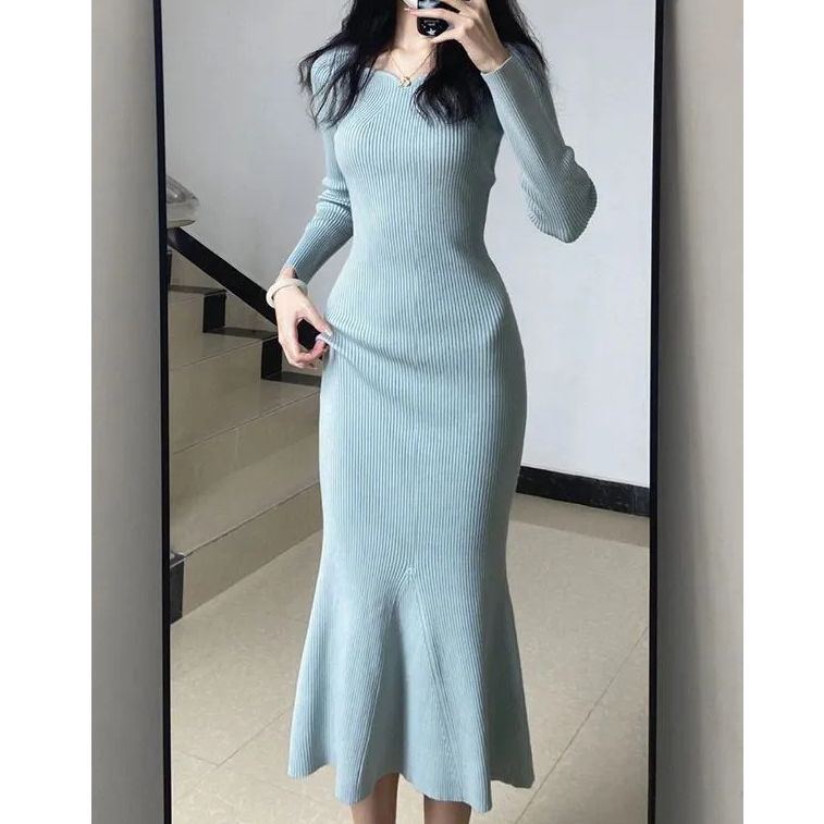 Light Blue Heart - Shaped Neckline Mermaid Knitted Dress - Slim - Fit Long - Sleeve Elegant Maxi Skirt, Highlighting Body Curves