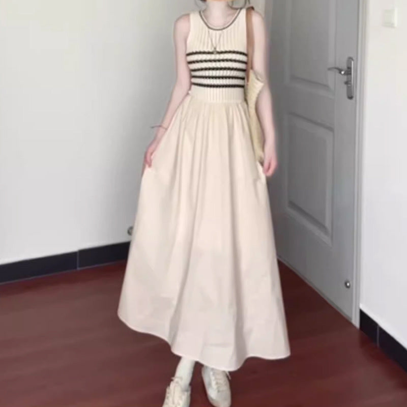 Color - Block Striped Sleeveless Knitted Patchwork Dress - High - Waisted Flared Elegant Maxi Skirt