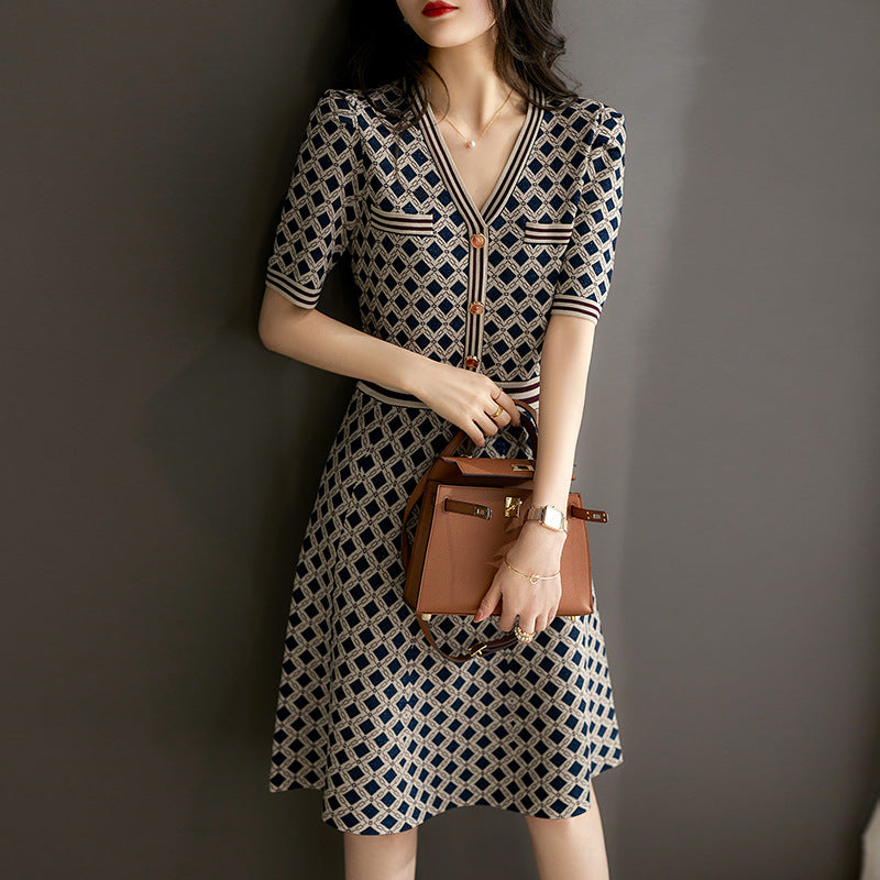 Vintage Checkered V - Neck Knitted Dress - Waist - Cinching Short - Sleeved Tweed - Style A - Line Skirt