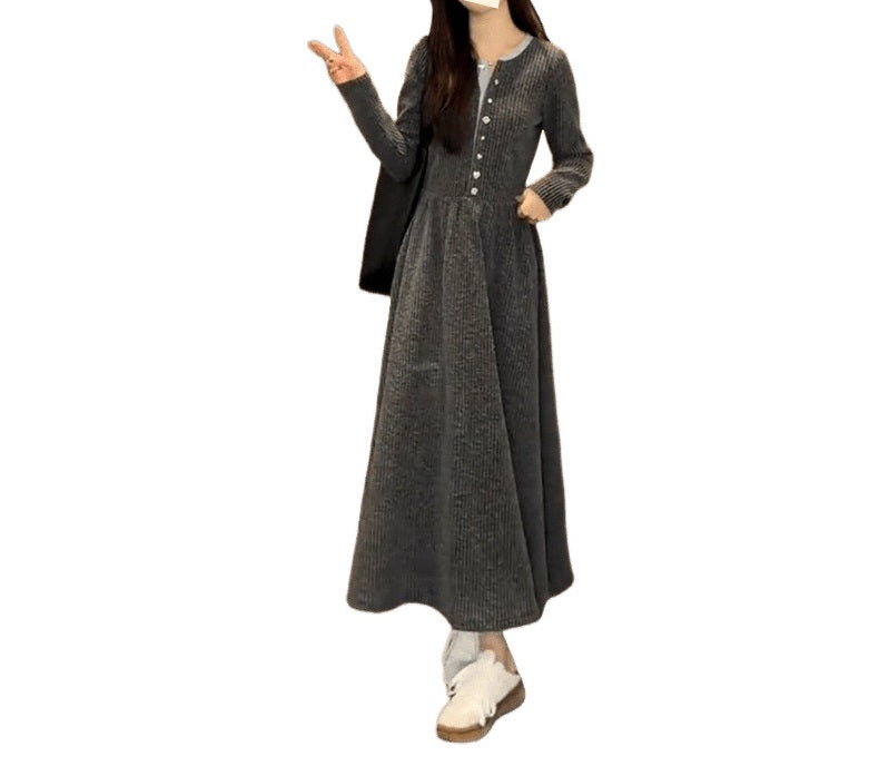 Vintage Single - Row Button Knitted Dress - Waist - Cinching Slim - Fit Maxi Skirt, Comfortable & Elegant Style