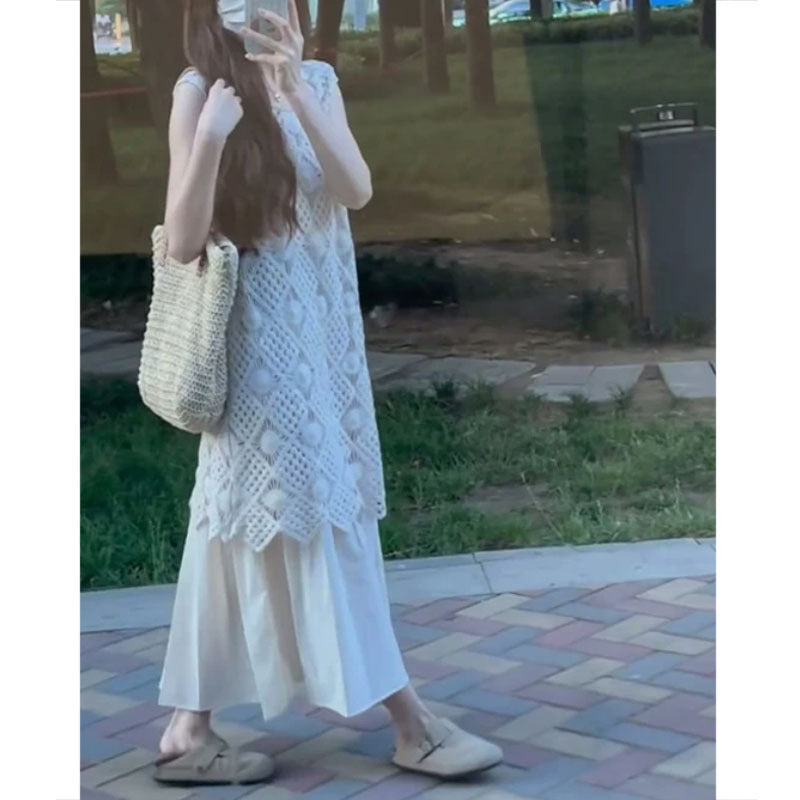 Hollow - Out Crochet Sleeveless Knitted Dress Set - Artistic & Fresh Two - Piece Maxi Skirt