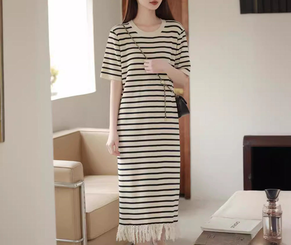 Striped Tassel Knitted Dress - Crew Neck Short - Sleeve Loose Maxi Skirt, Casual Fashion Style