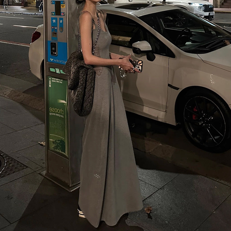 Spaghetti Strap Knitted Dress - Slim - Fit Backless Maxi Skirt, Fashionable Casual Style