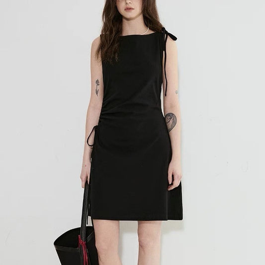 Sleeveless Drawstring - Design Knitted Dress - Minimalist Solid - Color Slim Midi Dress, Fashionable & Unique Style