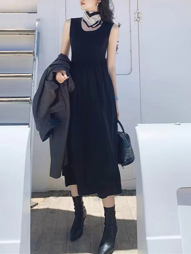 Sleeveless Patchwork Knitted Dress - Hepburn - Style Waist - Cinching Flared Maxi Skirt, Elegant Little Black Dress