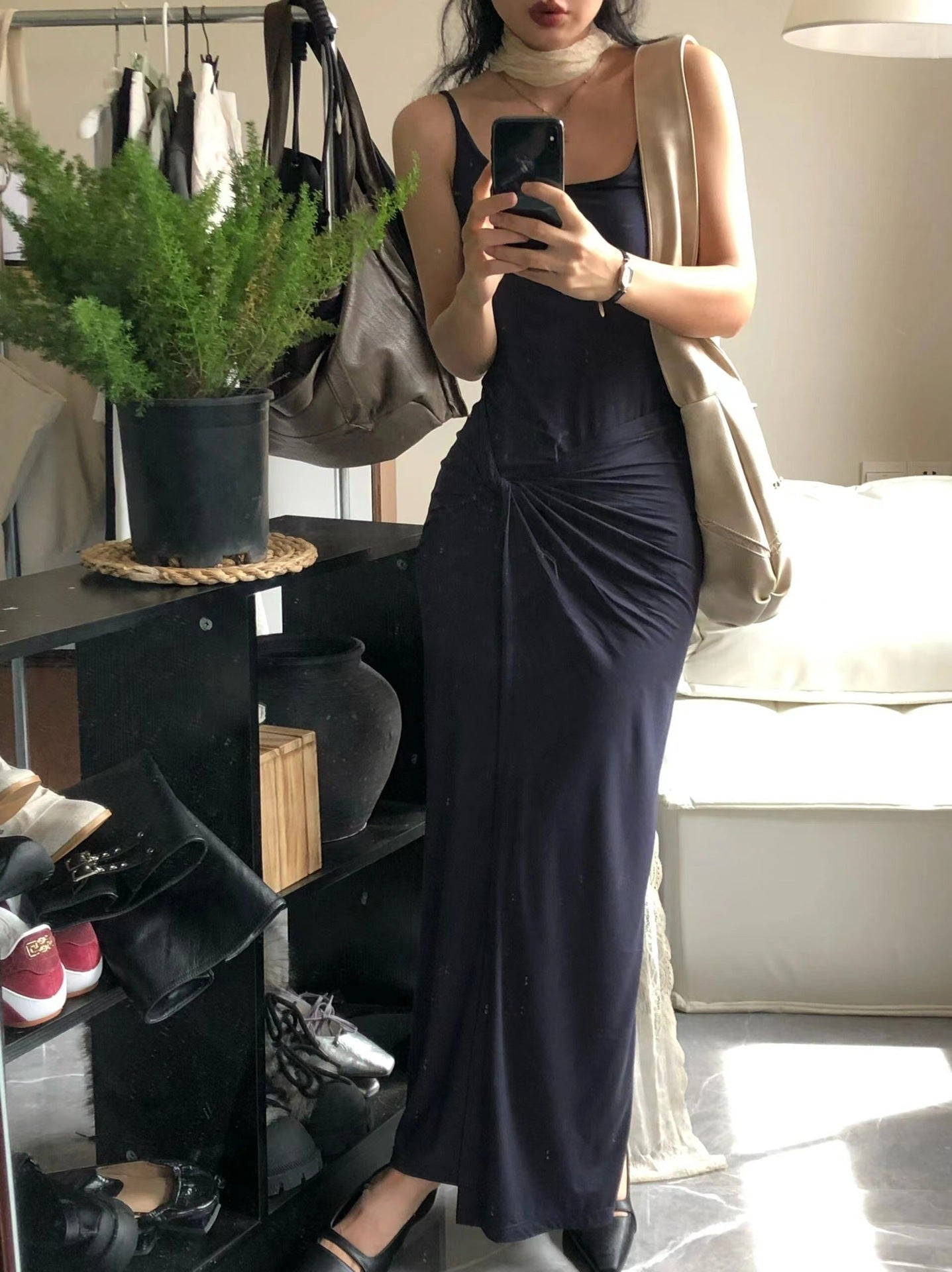 Twist - Design Slip Knitted Dress - Slim - Fit Long Asymmetric Hem, Minimalist & Fashionable Basic Style