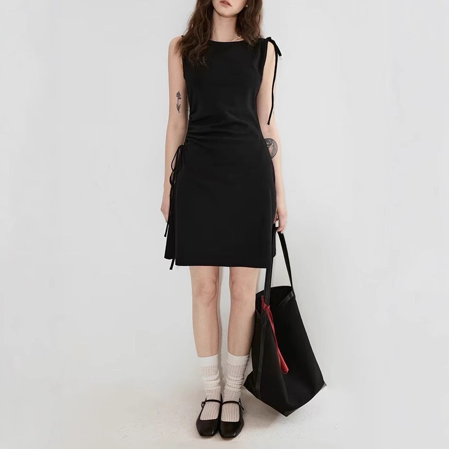 Sleeveless Drawstring - Design Knitted Dress - Minimalist Solid - Color Slim Midi Dress, Fashionable & Unique Style