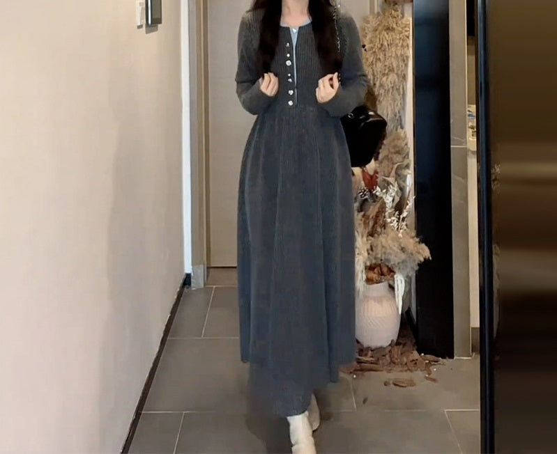 Vintage Single - Row Button Knitted Dress - Waist - Cinching Slim - Fit Maxi Skirt, Comfortable & Elegant Style