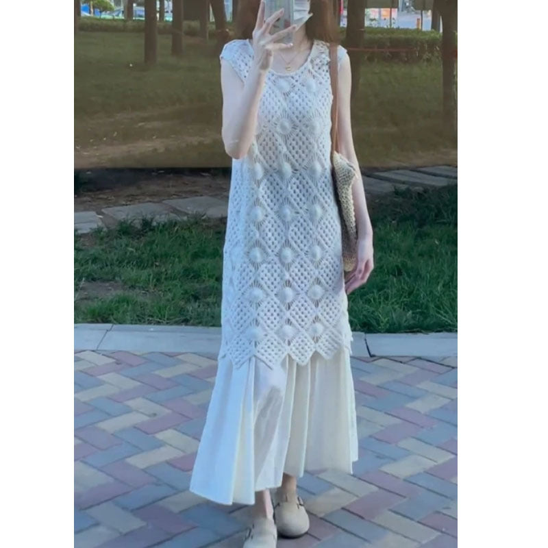 Hollow - Out Crochet Sleeveless Knitted Dress Set - Artistic & Fresh Two - Piece Maxi Skirt