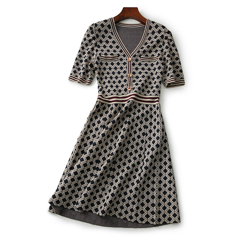 Vintage Checkered V - Neck Knitted Dress - Waist - Cinching Short - Sleeved Tweed - Style A - Line Skirt
