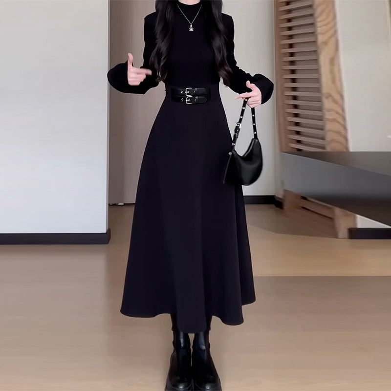 Turtleneck Waist - Cinching Knitted Dress - Flared - Sleeve Hepburn - Style Little Black Dress, Elegant & Slimming