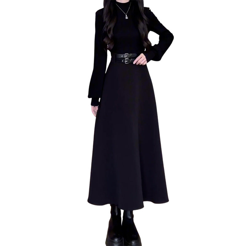 Turtleneck Waist - Cinching Knitted Dress - Flared - Sleeve Hepburn - Style Little Black Dress, Elegant & Slimming