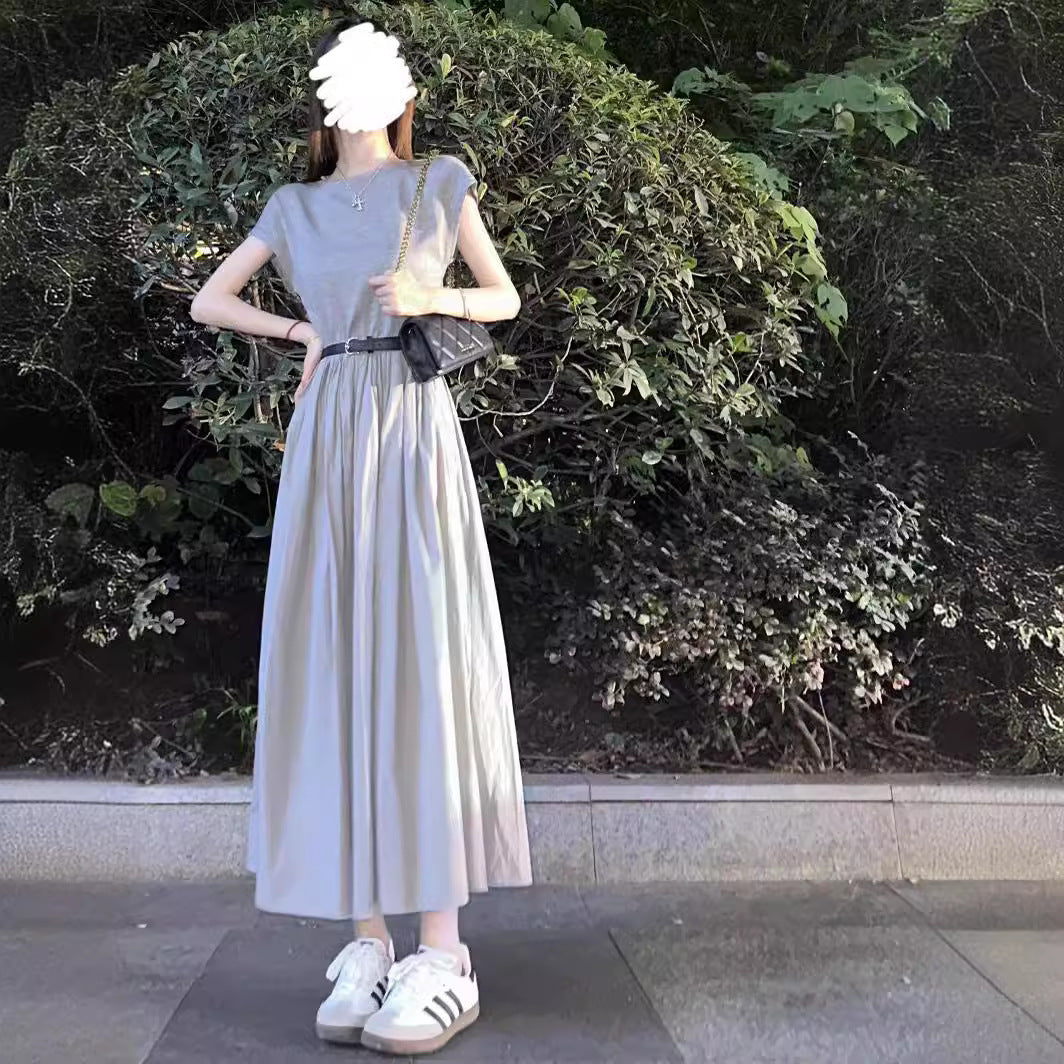 Simple Patchwork Knitted Dress - Crew Neck Sleeveless Waist - Cinching Flared Skirt, Casual & Artistic Style