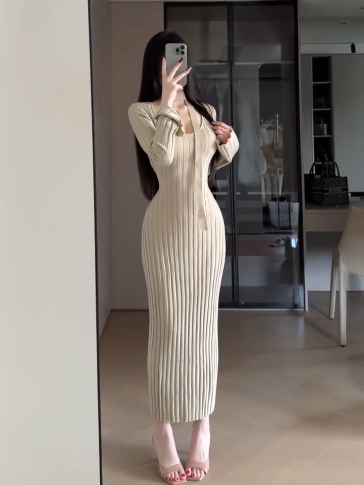 Slim Fit Halter Neck Tie - Up Knitted Dress - Long Sleeve Bodycon Maxi Skirt, Elegant Solid Color Design