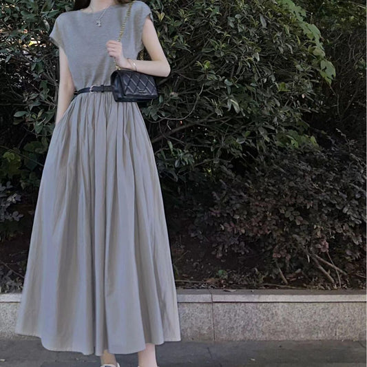 Simple Patchwork Knitted Dress - Crew Neck Sleeveless Waist - Cinching Flared Skirt, Casual & Artistic Style
