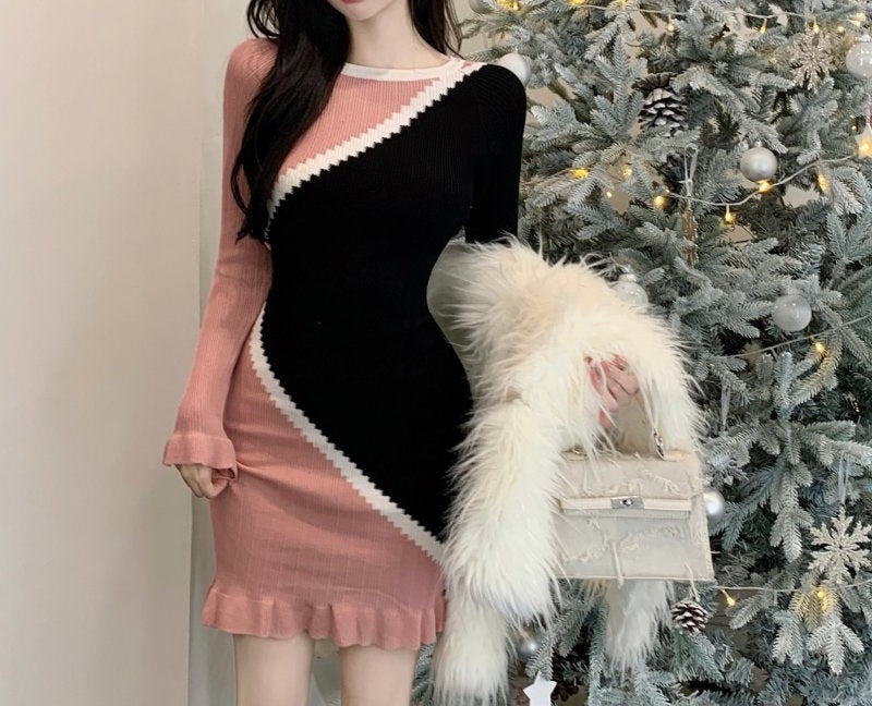 Color - Block Patchwork Knitted Dress - Asymmetric Design with Ruffled Hem, Slim - Fit Long - Sleeve Bodycon Skirt