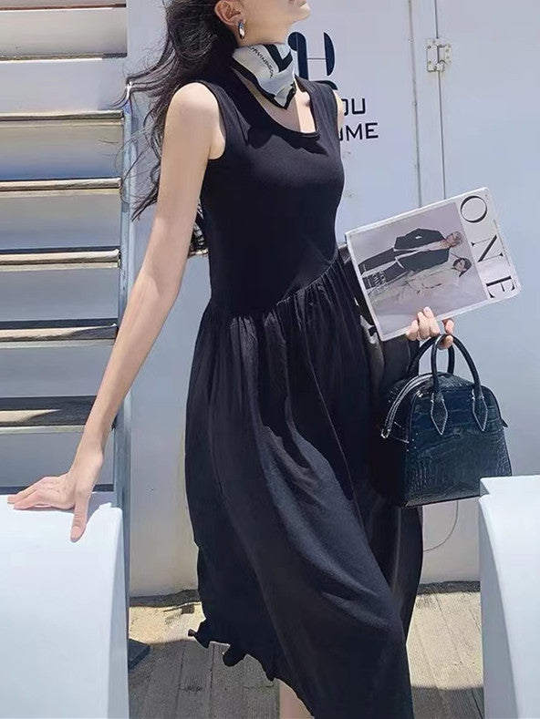 Sleeveless Patchwork Knitted Dress - Hepburn - Style Waist - Cinching Flared Maxi Skirt, Elegant Little Black Dress