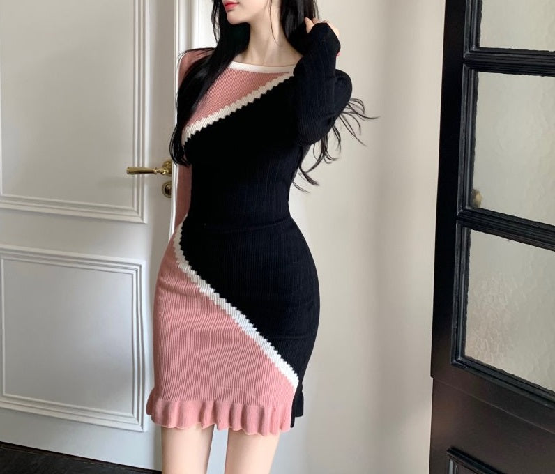 Color - Block Patchwork Knitted Dress - Asymmetric Design with Ruffled Hem, Slim - Fit Long - Sleeve Bodycon Skirt