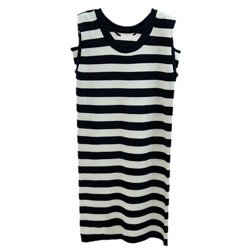 Black and White Striped Sleeveless Knitted Dress - Loose Fit Backless Midi Dress, Fashionable Casual Style