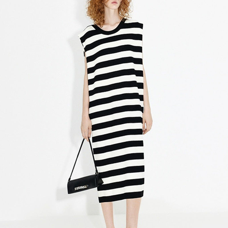 Black and White Striped Sleeveless Knitted Dress - Loose Fit Backless Midi Dress, Fashionable Casual Style